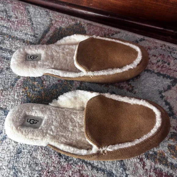 UGG Lane Chestnut Suede Shearling Sheepskin Loafer Mules Womens 9 Brown EUC - Picture 2 of 8